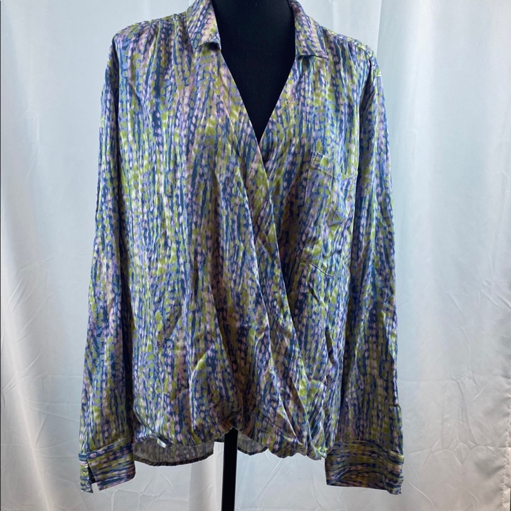 Pilcro Blue and Green Cuffed Sleeve‎ Faux Wrap Blouse